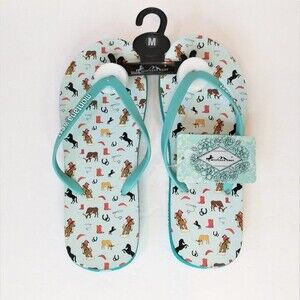 Montana West Size M Thong Flip-Flops Cowgirl Western Aqua Rodeo Horses NWT